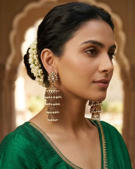 Antique Gold Pearl Multi-Tiered Step Jhumka Earrings - Bollywood - Weddings - 12JE77 09KY26 - Prachy Creations