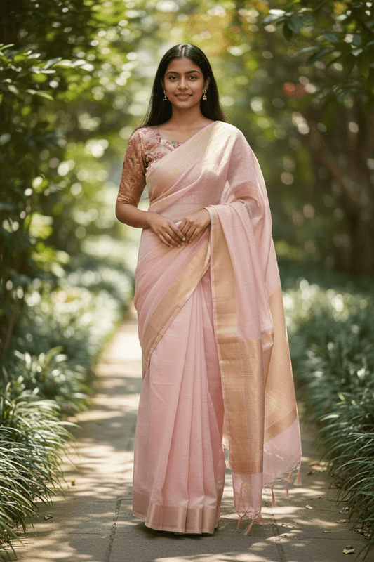 Baby Pink - Fancy Cotton Silky Saree with Brocade Blouse Piece - UK Stock - 2/3 days Delivery 12KP25 RT411002 - Prachy Creations