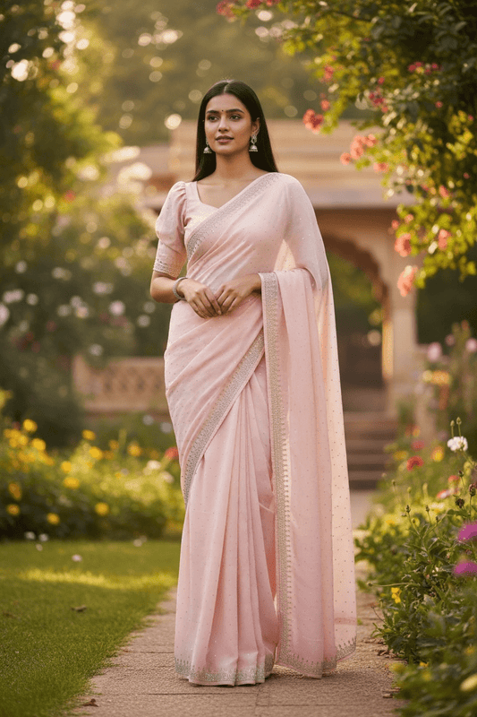 Baby Pink - Fancy Embroidered Saree with Blouse Piece - UK stock - 24hr Dispatch - SP250612 KC - Prachy Creations
