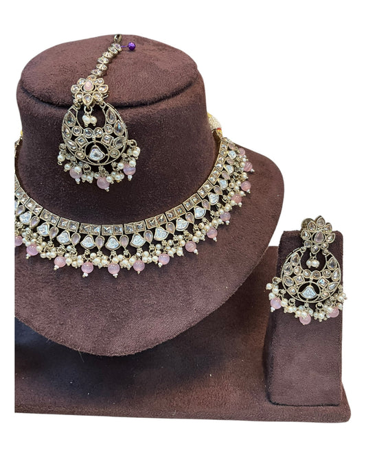 Baby Pink - Large Size Antique Gold Finish Necklace Set with Earrings & Tika Head Piece - GGA02 KA0525 - Prachy Creations