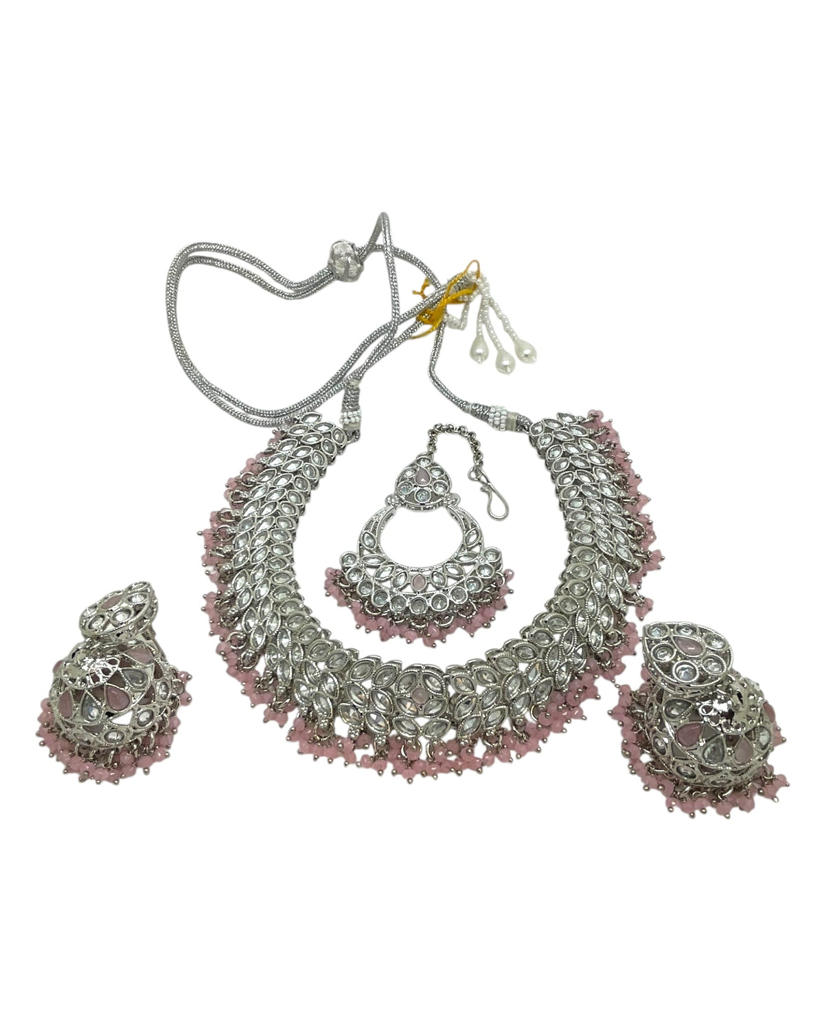 Baby Pink - Large Size Silver Finish Necklace Set with Earrings & Tika (Head Piece) - UK Stock - GGA17 08KK25 - Prachy Creations