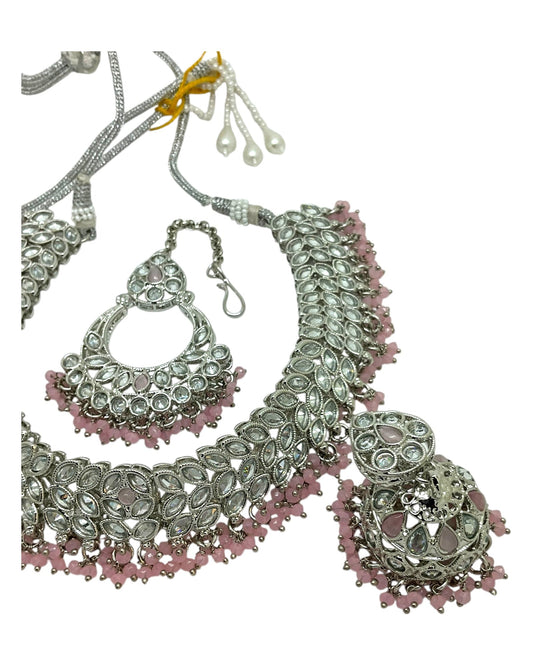 Baby Pink - Large Size Silver Finish Necklace Set with Earrings & Tika (Head Piece) - UK Stock - GGA17 08KK25 - Prachy Creations