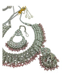 Baby Pink - Large Size Silver Finish Necklace Set with Earrings & Tika (Head Piece) - UK Stock - GGA17 08KK25 - Prachy Creations