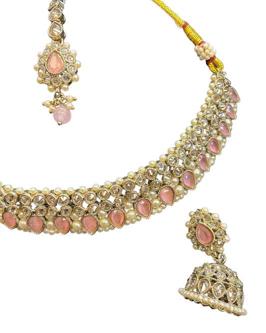 Baby Pink - Medium Size Antique Gold Finish Necklace Set with Earrings & Head Piece - 6NS449 04H26 - Prachy Creations