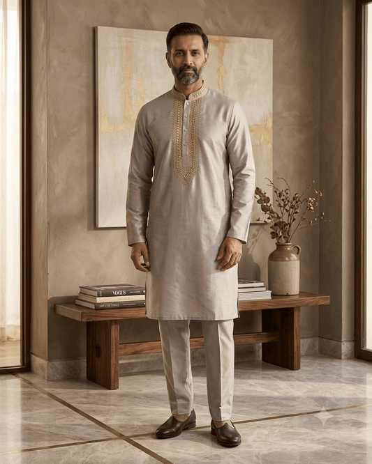 Baby Pink - Pastel - Soft Cotton Silky Mens Kurta Set with Neck Thread Embroidery- Sangeet Mehendi Haldi - KCS1019 06KC26 - Prachy Creations