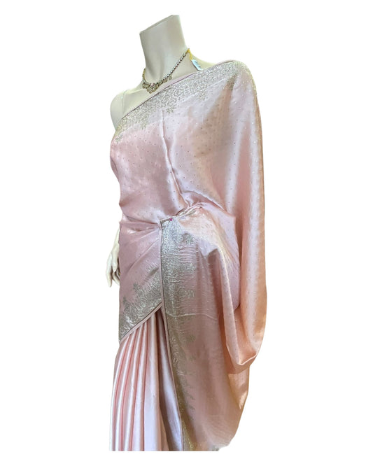 Baby Pink - Stone Work Satin Saree with Blouse Piece - UK stock - 24hr Dispatch - SP250423 VP - Prachy Creations