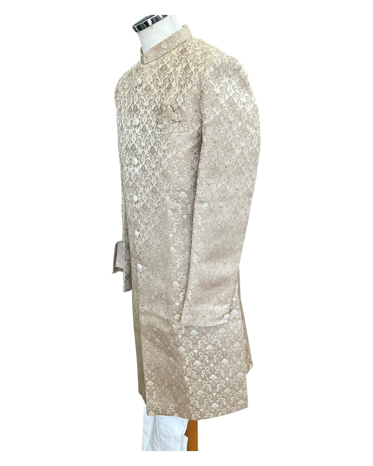 Beige / Gold - Classic Self Brocade Mens Sherwani with Quality Buttons - Smart Trousers - UK stock - 2/3 Days Delivery - YD2504 PY - Prachy Creations