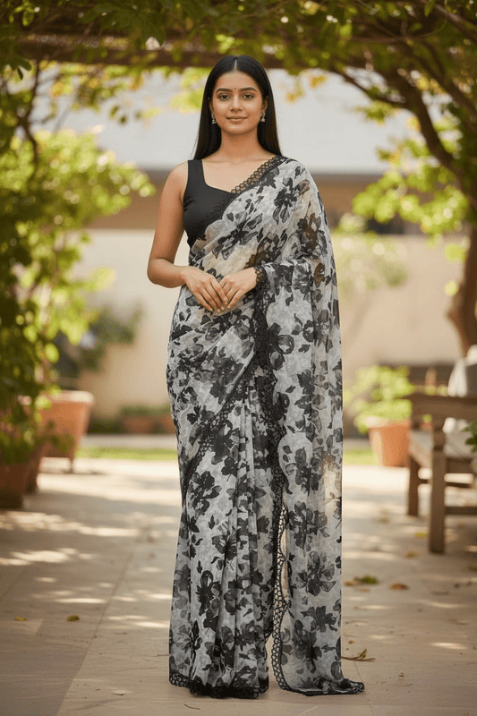 Black Floral - Classic Satin Crepe Saree with Stone Work and Blouse Piece - UK stock - 24hr Dispatch - RS2515 VJ - Prachy Creations