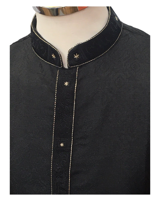 Black - Handloom Self Brocade Mens Indian Kurta set - Weddings / Walimas , Sangeet, Eid, Mehndi / Henna - KCS2404 08KP24 - Prachy Creations