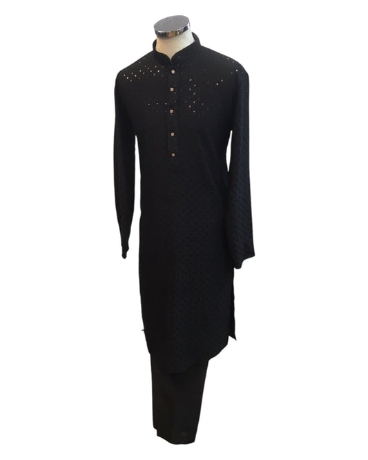 Black - Locknawi Chikankari Chiffon Self Brocade Mens Indian Kurta set - Weddings / Walimas , Sangeet, Mehndi / Henna , Eid / Diwali - BS2505 01TY25 - Prachy Creations
