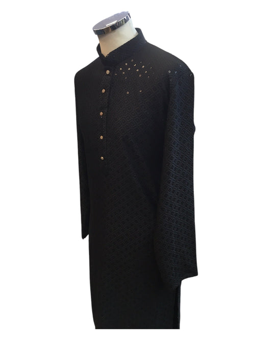 Black - Locknawi Chikankari Chiffon Self Brocade Mens Indian Kurta set - Weddings / Walimas , Sangeet, Mehndi / Henna , Eid / Diwali - BS2505 01TY25 - Prachy Creations