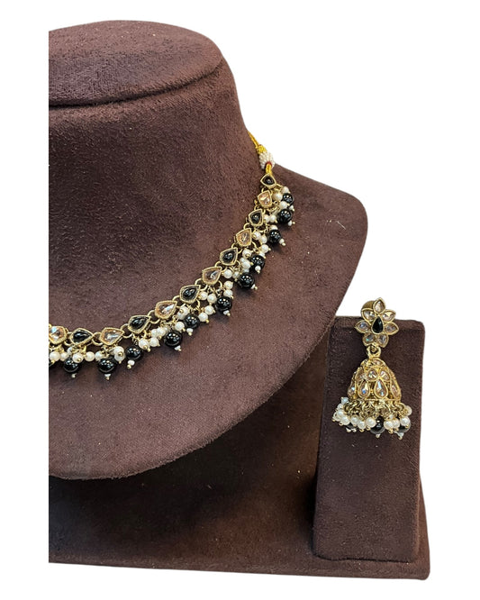 Black - Medium Size Antique Gold Finish Necklace Set with Earrings - RAK375 Pp - Prachy Creations