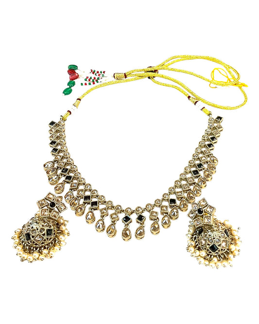 Black - Medium Size Antique Gold Finish Necklace Set with Earrings - SJ06 08H25 - Prachy Creations