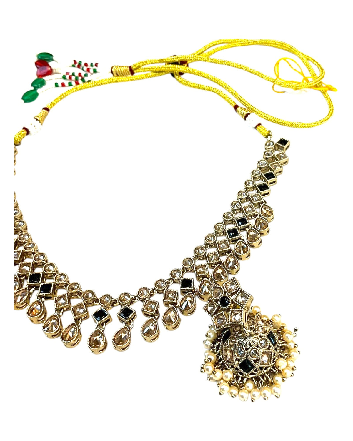 Black - Medium Size Antique Gold Finish Necklace Set with Earrings - SJ06 08H25 - Prachy Creations