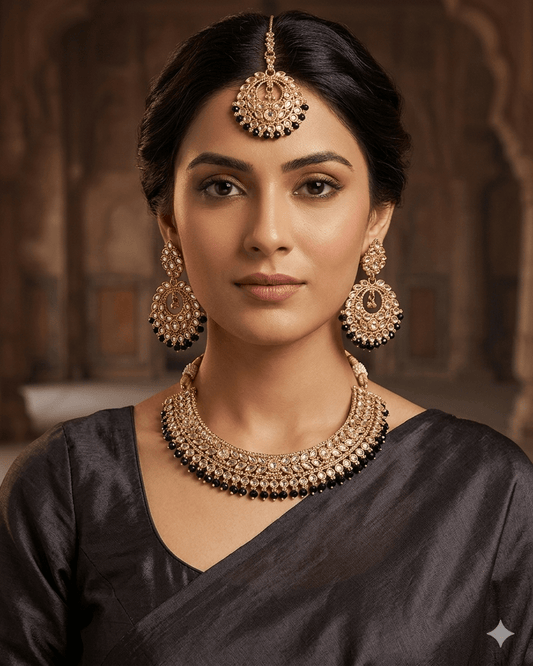 Black - Medium Size Antique Gold Finish Necklace Set with Earrings - SJ07 08KY25 - Prachy Creations