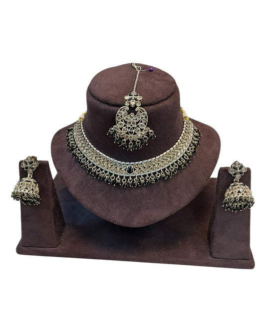 Black - Medium Size Antique Gold Finish Necklace Set with Earrings & Tika Head piece - GGA05 KV 0525 - Prachy Creations