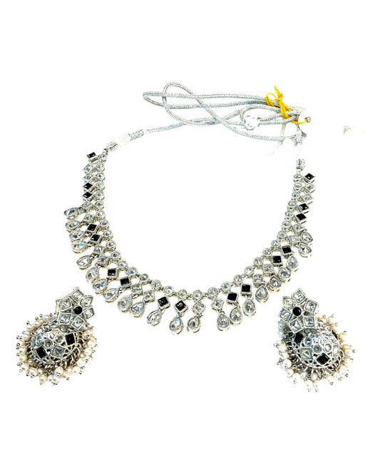 Black - Medium Size Silver Finish Necklace Set with Earrings - SJ06 08H25 - Prachy Creations