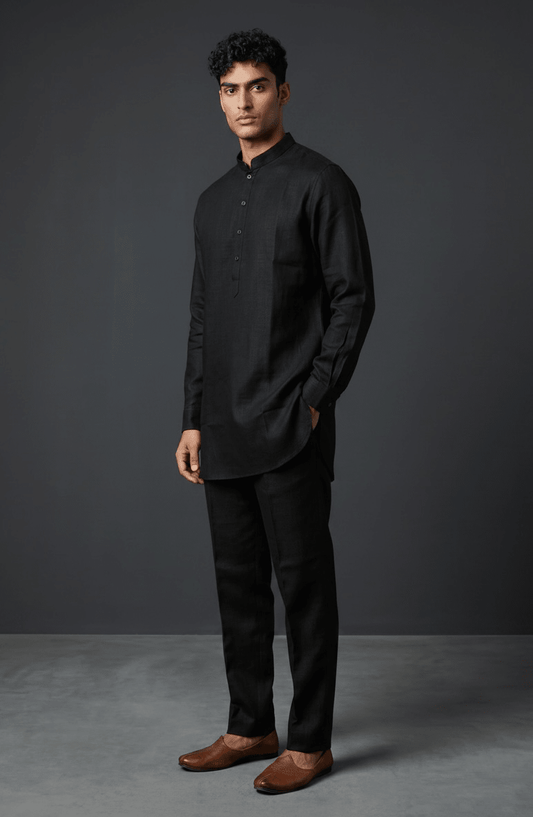 Black - Premium Linen Mens Indian Kurta with Linen Trousers - UK Stock - Weddings / Walimas , Sangeet, Diwali, Eid, Mehndi / Henna - VEE1366 VY - Prachy Creations