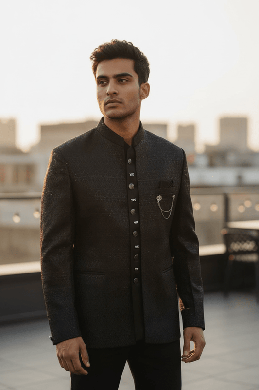 Black - PREMIUM Slim Fit Mens BandhGala / Prince / Chinese Collar Open Jacket with inside Waistcoat- Fantastic Fit - 01JT26 CS2601 - Prachy Creations