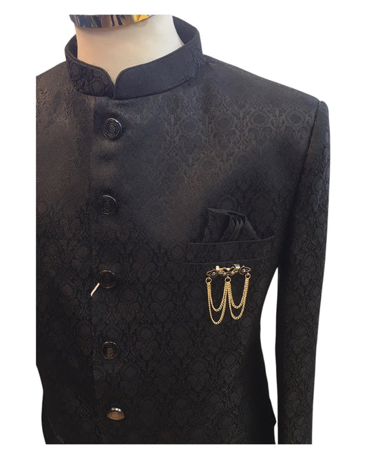 Black - PREMIUM Slim Fit Mens Self Brocade BandhGala / Prince / Chinese Collar Jacket - Fantastic Fit - CS2501 01TA25 - Prachy Creations