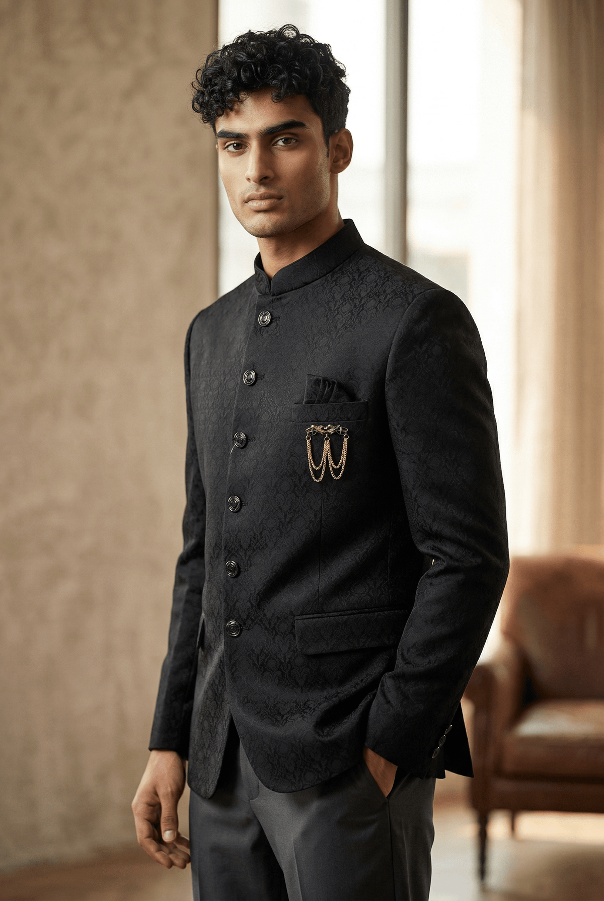 Black - PREMIUM Slim Fit Mens Self Brocade BandhGala / Prince / Chinese Collar Jacket - Fantastic Fit - CS2501 01TA25 - Prachy Creations