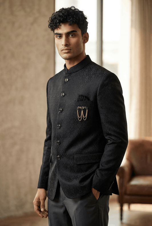 Black - PREMIUM Slim Fit Mens Self Brocade BandhGala / Prince / Chinese Collar Jacket - Fantastic Fit - CS2501 01TA25 - Prachy Creations