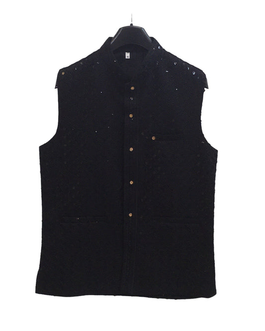 Black - Rich Lucknowi Sequins Mens Waistcoat - Bollywood - KCS4009 VY 0324 - Prachy Creations