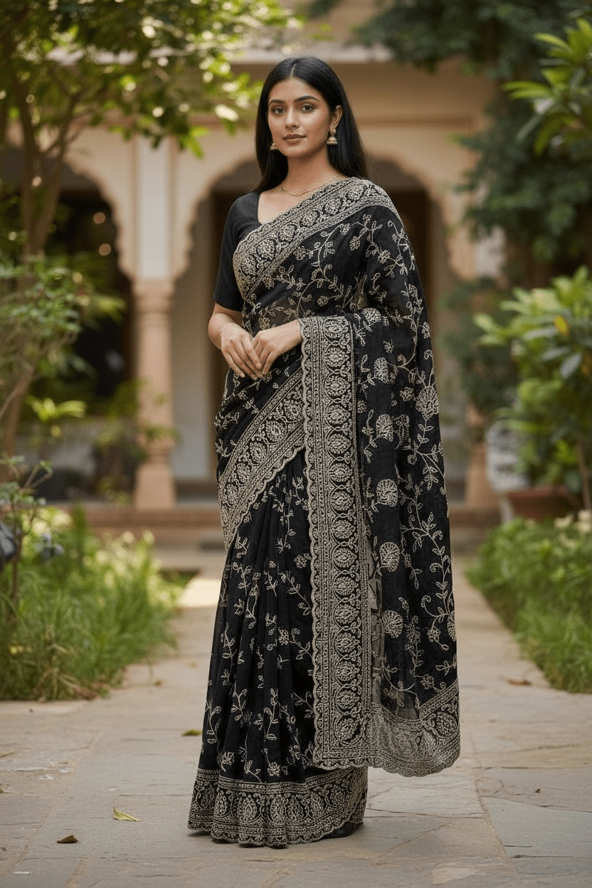 Black - Rich Saree with Allover Embroidery and Blouse Piece - UK stock - 24hr Dispatch - RS2507 PT - Prachy Creations
