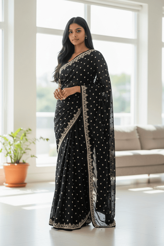 Black - Rich Saree with Stone Work Border and Blouse Piece - UK stock - 24hr Dispatch - RS2501 TH - Prachy Creations