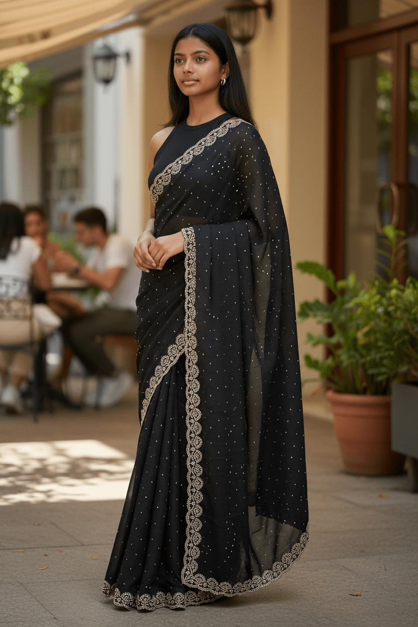 Black - Rich Saree with Stone Work Border and Blouse Piece - UK stock - 24hr Dispatch - RS2509 VA - Prachy Creations