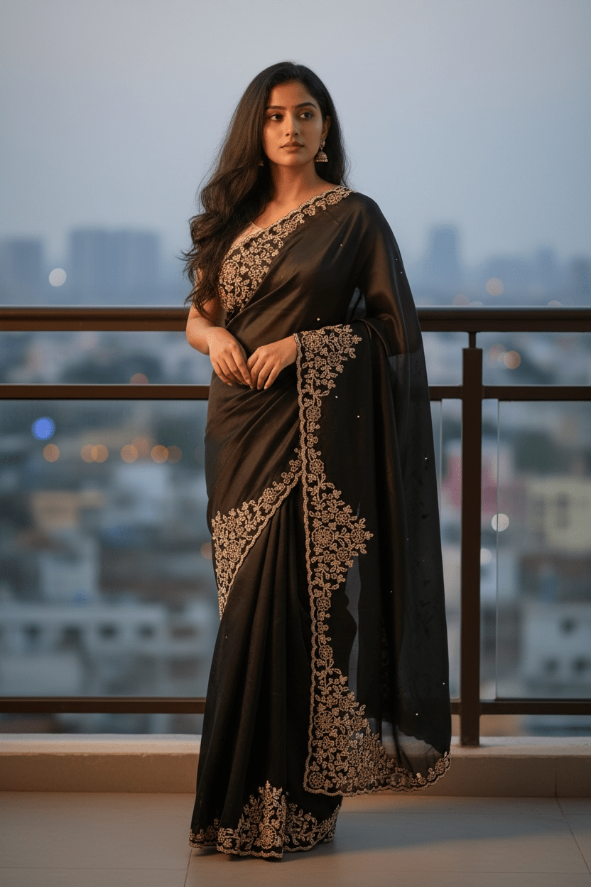 Black - Rich Saree with Stone Work Border and Blouse Piece - UK stock - 24hr Dispatch - RS2511 TA - Prachy Creations