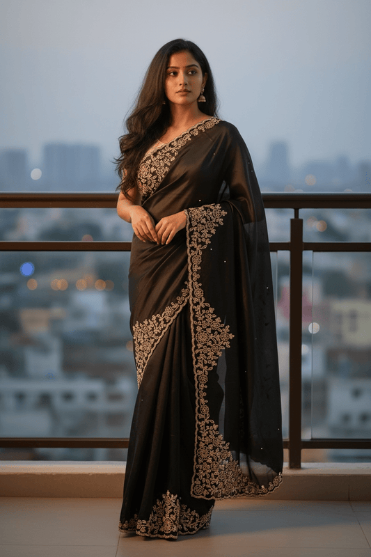 Black - Rich Saree with Stone Work Border and Blouse Piece - UK stock - 24hr Dispatch - RS2511 TA - Prachy Creations