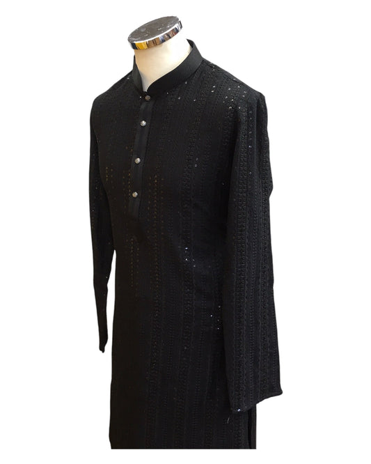 Black - Rich Sequins Lucknowi Chiffon Mens Indian Kurta Set with Smart Pants - Weddings / Walimas , Sangeet, Eid, Mehndi / Henna - SHU2501 KC 0325 - Prachy Creations