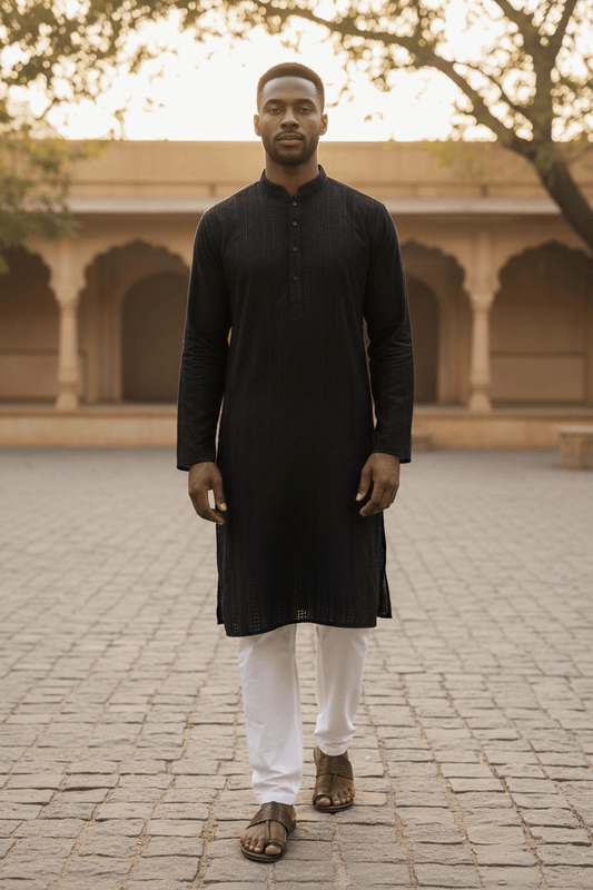 Black - Rich Sequins Lucknowi Chiffon Mens Indian Kurta Set with Smart Pants - Weddings / Walimas , Sangeet, Eid, Mehndi / Henna - SHU2501 KC 0325 - Prachy Creations