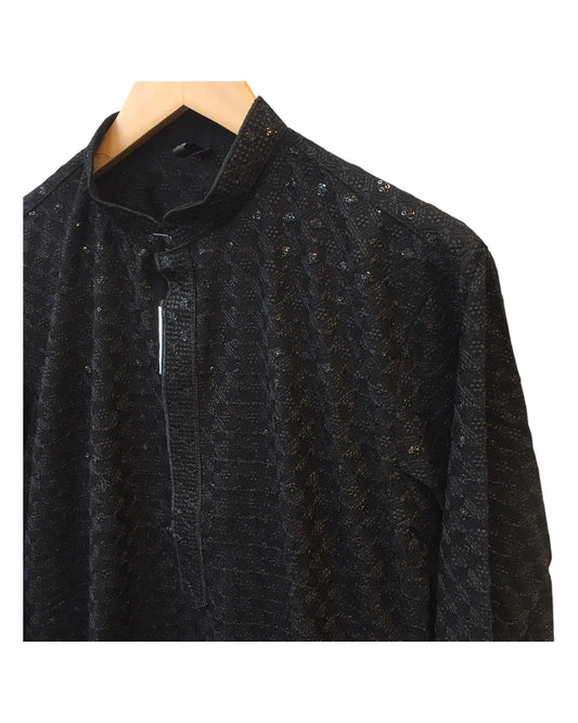 Black - Rich Sequins Lucknowi Chiffon Mens Indian Kurta Set with Smart Pants - Weddings / Walimas , Sangeet, Eid, Mehndi / Henna - YD2501 KC 0225 - Prachy Creations