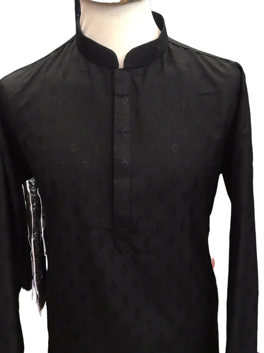 Black - Self Diamond Jacquard Mens Indian Kurta set - Weddings / Walimas , Sangeet, Eid, Mehndi / Henna - YD2406 KK 0324 - Prachy Creations