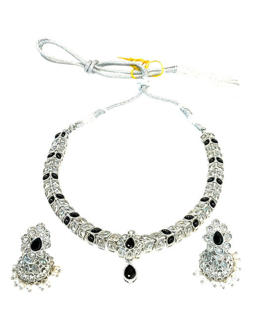 Black - Small Size Silver Finish Necklace Set with Earrings - SJ05 08C25 - Prachy Creations