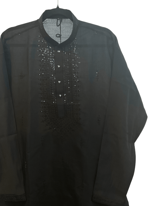 Black - Soft Cotton Infused Mens Kurta Set with Rich Sequins Embroidery - Sangeet Mehendi Haldi - KCS3001 06KH26 - Prachy Creations