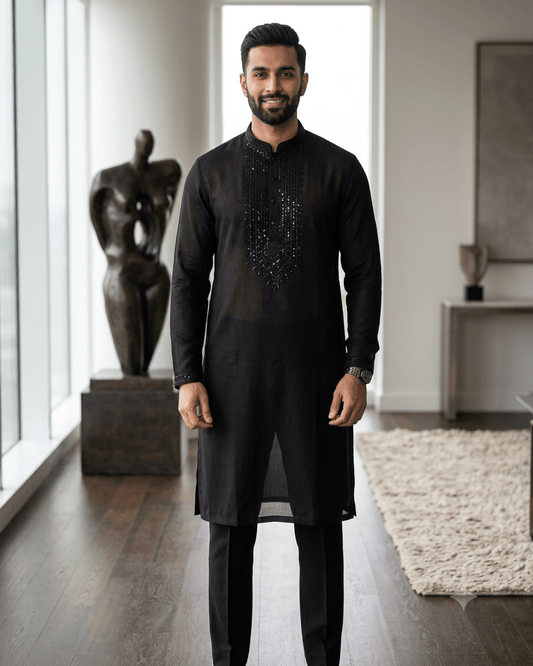 Black - Soft Cotton Infused Mens Kurta Set with Rich Sequins Embroidery - Sangeet Mehendi Haldi - KCS3001 06KH26 - Prachy Creations