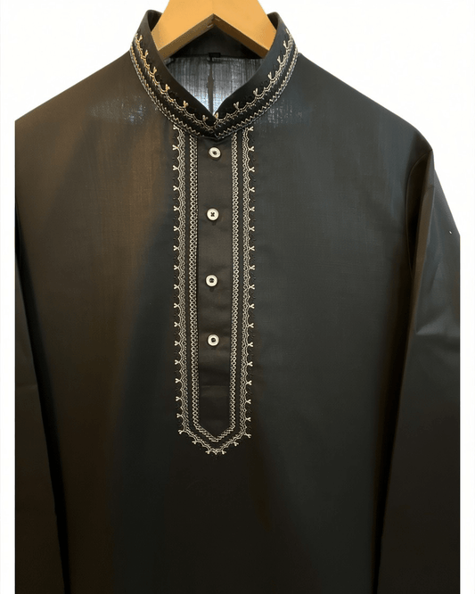 Black - Soft Cotton Mens Kurta Set with Neck Thread Embroidery- Sangeet Mehendi Haldi - KCS1038 03KT26 - Prachy Creations