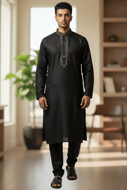Black - Soft Cotton Mens Kurta Set with Neck Thread Embroidery- Sangeet Mehendi Haldi - KCS1038 03KT26 - Prachy Creations