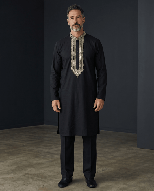 Black - Soft Cotton Silky Mens Kurta Set with Rich Embroidery- Sangeet Mehendi Haldi - KCS2002 06VY26 - Prachy Creations