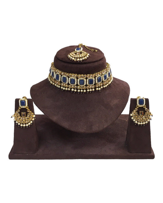 Blue - Antique Gold Finish Choker Necklace set - Bollywood - Weddings - MNA756 KY 0523 - Prachy Creations