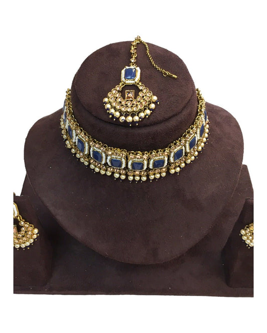 Blue - Antique Gold Finish Choker Necklace set - Bollywood - Weddings - MNA756 KY 0523 - Prachy Creations