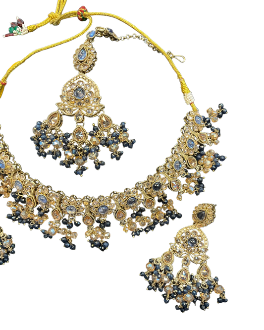 Blue - Large Size Antique Gold Finish Necklace Set with Earrings & Head Piece - Bollywood - AE2513 08KK25 - Prachy Creations
