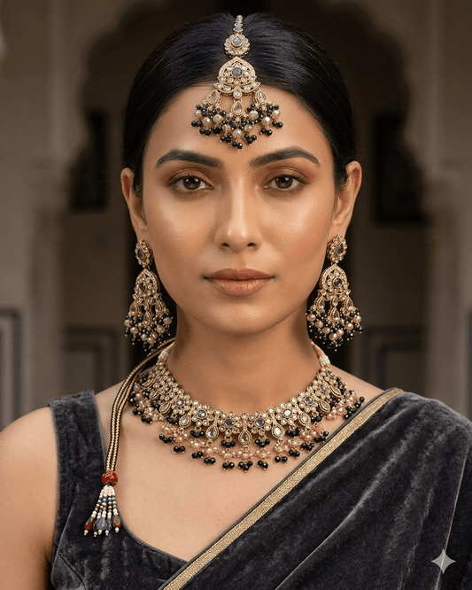 Blue - Large Size Antique Gold Finish Necklace Set with Earrings & Head Piece - Bollywood - AE2513 08KK25 - Prachy Creations