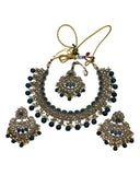 Blue - Large Size Antique Gold Finish Necklace Set with Earrings & Head Piece - Bollywood - AE2514 08KY25 - Prachy Creations