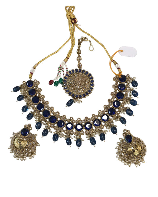 Blue - Large Size Antique Gold Finish Necklace Set with Earrings - SV2405 KJ 0424 - Prachy Creations