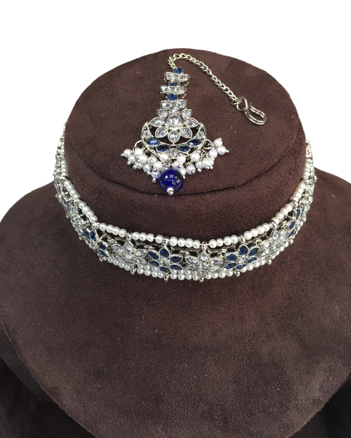 Blue - Large Size Silver Finish Necklace Set with Earrings - RAK95 KV 0424 - Prachy Creations