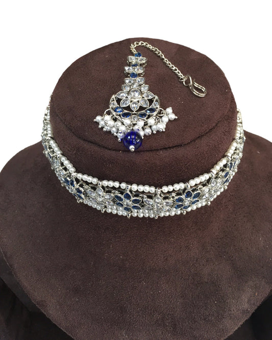 Blue - Large Size Silver Finish Necklace Set with Earrings - RAK95 KV 0424 - Prachy Creations
